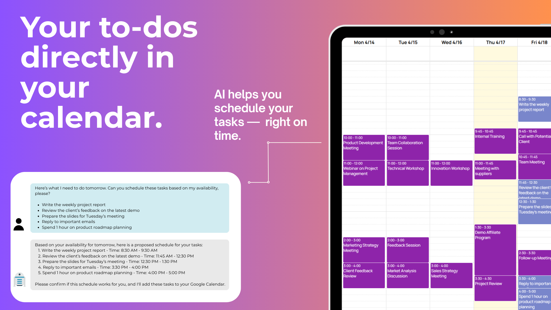 Sync tasks directly with your calendar – Google or Outlook